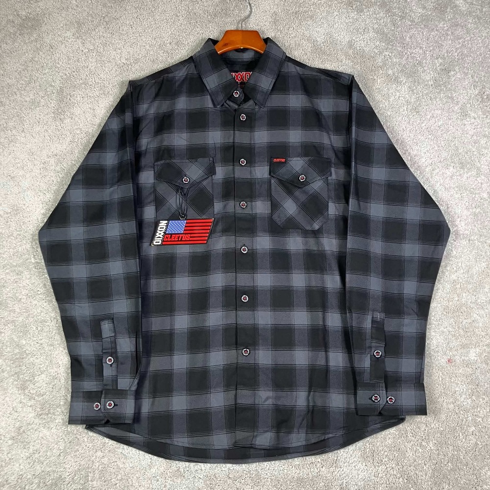 Dixxon Flannel Company Cleetus McFarland Shirt Mens L Black Gray Plaid D-Tech